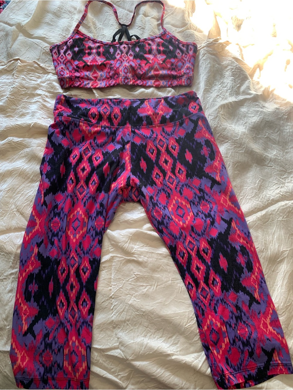 Balance Collection Pink & Purple Aztec Print Crop Leggings and Sports Bra Top